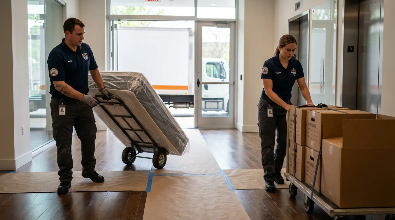 Professional apartment movers loading elevator in Brooklet, GA